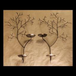 Large Set Of Two Candle Metal Tree Sculpture Wall Sconces For Votive & Pillar Candles - thumbnail 4