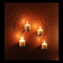 Large Set Of Two Candle Metal Tree Sculpture Wall Sconces For Votive & Pillar Candles