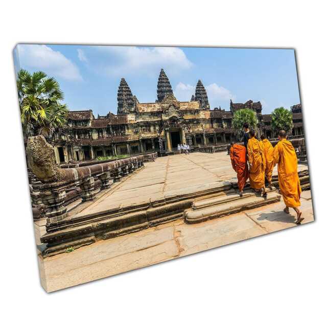 Serene Angkor Wat Temple Scene Monks Walking in Cambodia - Canvas Wall Art For Home & Office - image 1