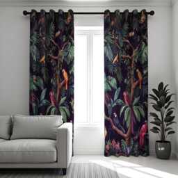 Tropical Parrot Curtains, Dark Jungle Bird & Leaf Print Drapes, Custom Size Window Treatment Panels For Vibrant Home Style - thumbnail 3