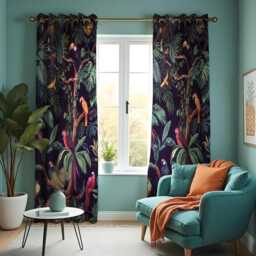 Tropical Parrot Curtains, Dark Jungle Bird & Leaf Print Drapes, Custom Size Window Treatment Panels For Vibrant Home Style - thumbnail 2