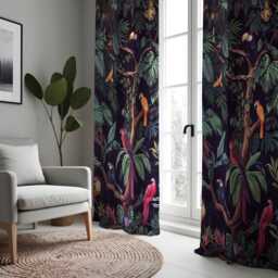 Tropical Parrot Curtains, Dark Jungle Bird & Leaf Print Drapes, Custom Size Window Treatment Panels For Vibrant Home Style - thumbnail 4