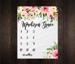 Girl Milestone Blanket Month Growth Tracker Minky Fleece Custom Personalized Baby Shower Gift Watercolor Floral Newborn
