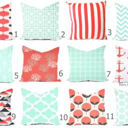 Pillow Cover Throw Accent Decor - Custom All Sizes 16x16, 18x18 Coral Salmon Orange Mint Green Modern Geo - thumbnail 2