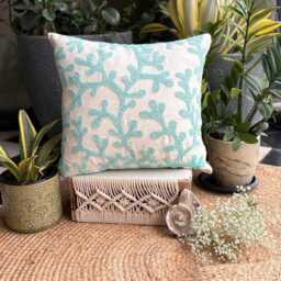 Ivory Art Silk Aqua Blue Beaded Coastal Sea Creatures Pattern, Beach Style Throw Pillow Cover - Weeds - thumbnail 3