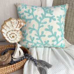 Ivory Art Silk Aqua Blue Beaded Coastal Sea Creatures Pattern, Beach Style Throw Pillow Cover - Weeds