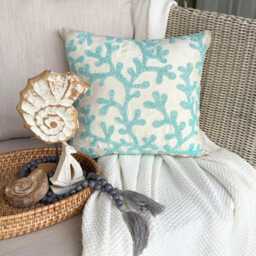 Ivory Art Silk Aqua Blue Beaded Coastal Sea Creatures Pattern, Beach Style Throw Pillow Cover - Weeds - thumbnail 2