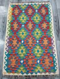 Multicolour Rug, Handmade Artisan Afghan Turkish Scandinavian Navajo Bohemian Flatweave Wool Kilim 149x98 cm - thumbnail 1