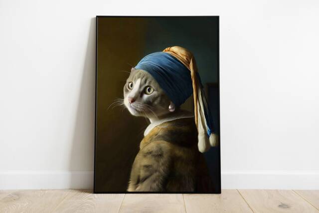 Grey Cat With Pearl Earring Print. Johannes Vermeer Inspired Wall Art - image 1