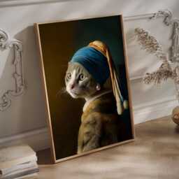 Grey Cat With Pearl Earring Print. Johannes Vermeer Inspired Wall Art - thumbnail 2