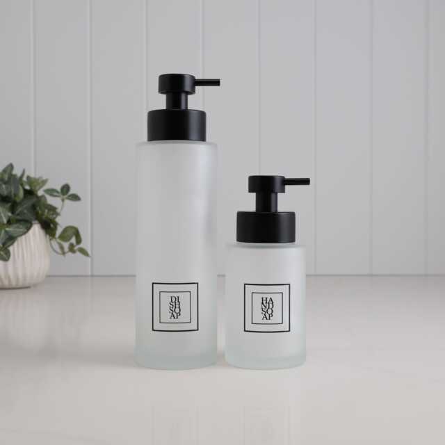 Frosted Glass Soap Dispenser With Black Square Label, Choose 250Ml Or 500Ml Size & Custom Text, Modern Bathroom Kitchen Gift - image 1