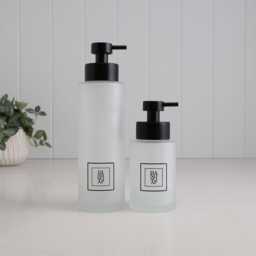 Frosted Glass Soap Dispenser With Black Square Label, Choose 250Ml Or 500Ml Size & Custom Text, Modern Bathroom Kitchen Gift - thumbnail 1