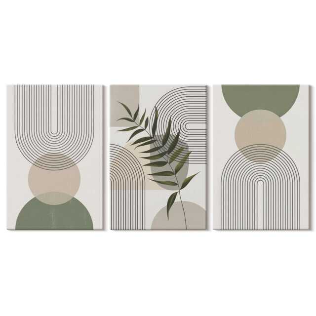 Set Of 3 Canvas Prints - Shapes in Shades Green & Beige, Large Wall Art, Abstract Decor - image 1