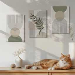 Set Of 3 Canvas Prints - Shapes in Shades Green & Beige, Large Wall Art, Abstract Decor - thumbnail 2