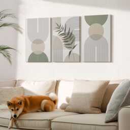 Set Of 3 Canvas Prints - Shapes in Shades Green & Beige, Large Wall Art, Abstract Decor - thumbnail 3