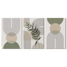 Set Of 3 Canvas Prints - Shapes in Shades Green & Beige, Large Wall Art, Abstract Decor - thumbnail 1