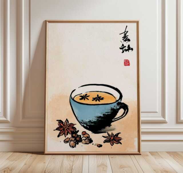 Chai Tea Art Print, Minimalist Japanese Style Wall Art, Spiced Illustration, Warm Kitchen Decor, Asian Poster For Dining Room - image 1
