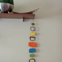 Mid Century Modern Wall Hanging Wooden Geometric Decor, Walnut & Colorful Accents - thumbnail 3