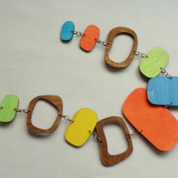 Mid Century Modern Wall Hanging Wooden Geometric Decor, Walnut & Colorful Accents - thumbnail 2