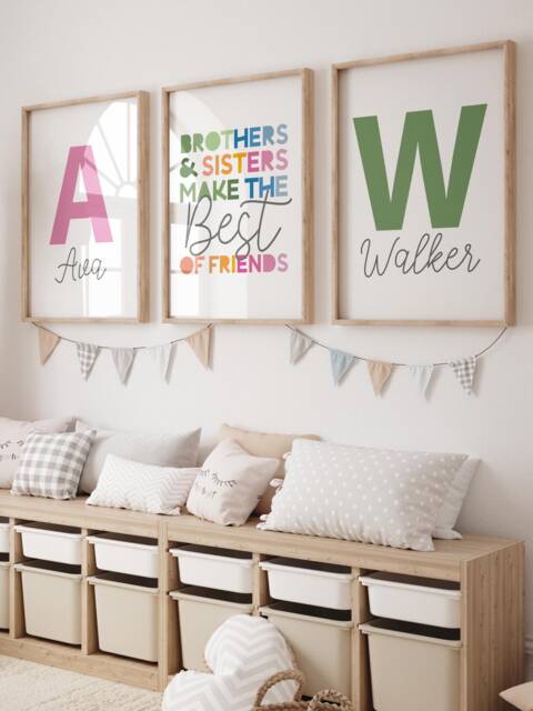 Set Of 3 Playroom Prints, Big Bro Lil Sis, Brother Sister Bedroom Sibling Rainbow Wall Art, Colourful - image 1