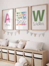 Set Of 3 Playroom Prints, Big Bro Lil Sis, Brother Sister Bedroom Sibling Rainbow Wall Art, Colourful - thumbnail 1