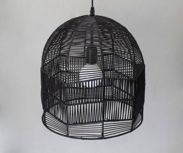 Handwoven Rattan Pendant Light, Bell-Shaped Black Ceiling Fixture - W13.7'' X H13.7'' - image 1