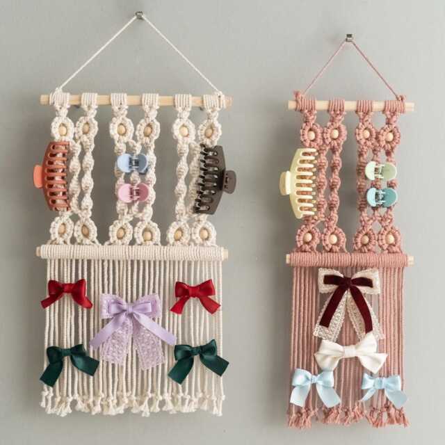Macrame Bow Organizer, Hair Clip Holder For Baby Girl, First Birthday Gift, Boho Nursery Wall Decor I91 - image 1