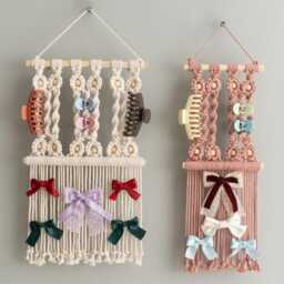 Macrame Bow Organizer, Hair Clip Holder For Baby Girl, First Birthday Gift, Boho Nursery Wall Decor I91 - thumbnail 1