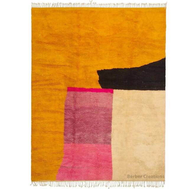 Abstract Moroccan Beni Rug - Yellow Pink Black Cream Authentic Berber Wool - image 1