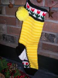 Hand Knit Christmas Stocking Yellow Elf Stripe Red Green Flower Detail By Santa's Works - thumbnail 1