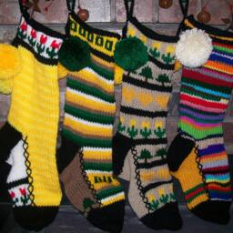 Hand Knit Christmas Stocking Yellow Elf Stripe Red Green Flower Detail By Santa's Works - thumbnail 3