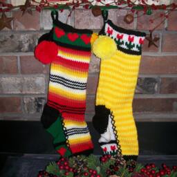Hand Knit Christmas Stocking Yellow Elf Stripe Red Green Flower Detail By Santa's Works - thumbnail 2