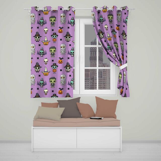 Cute Halloween Characters Mummy Frankenstein Bat Purple Background Seamless Readymade Eyelet Ring Top Thermal 100% Blackout Curtains - image 1