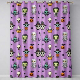 Cute Halloween Characters Mummy Frankenstein Bat Purple Background Seamless Readymade Eyelet Ring Top Thermal 100% Blackout Curtains - thumbnail 2