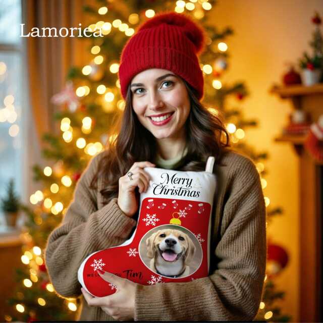 Personalized Pet Stocking Pillow, Red Christmas Decor, Holiday Portrait Gift, First Gifts, Pillow - image 1