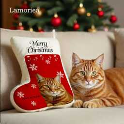 Personalized Pet Stocking Pillow, Red Christmas Decor, Holiday Portrait Gift, First Gifts, Pillow - thumbnail 2