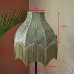 Hand-stitched Olive Green Lampshade Scalloped Velvet Fabric, Fringe Trim - thumbnail 2