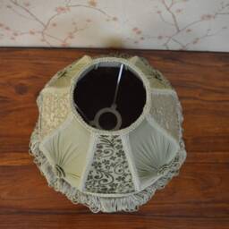 Hand-stitched Olive Green Lampshade Scalloped Velvet Fabric, Fringe Trim - thumbnail 3
