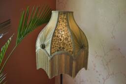 Hand-stitched Olive Green Lampshade Scalloped Velvet Fabric, Fringe Trim - thumbnail 1