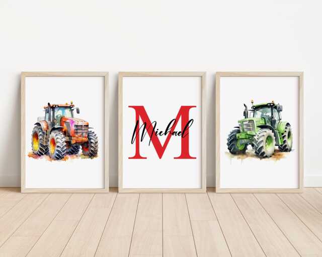 Set Of 3 Personalised Tractor Prints, Kids Bedroom Decor, Nursery Print, Farm Wall Art, Poster, Gift - image 1