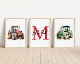 Set Of 3 Personalised Tractor Prints, Kids Bedroom Decor, Nursery Print, Farm Wall Art, Poster, Gift - thumbnail 1