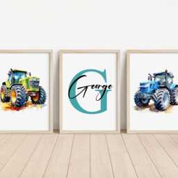 Set Of 3 Personalised Tractor Prints, Kids Bedroom Decor, Nursery Print, Farm Wall Art, Poster, Gift - thumbnail 3