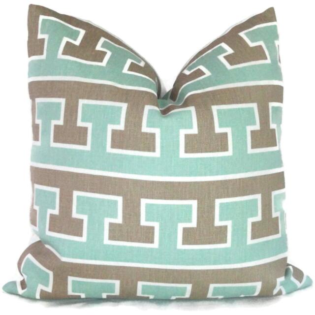Aqua Greek Key Linen Pillow Cover - Studio Bon Accent Cushion - 20x20 - image 1