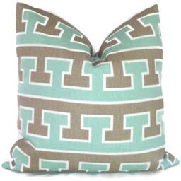 Aqua Greek Key Linen Pillow Cover - Studio Bon Accent Cushion - 20x20 - thumbnail 1