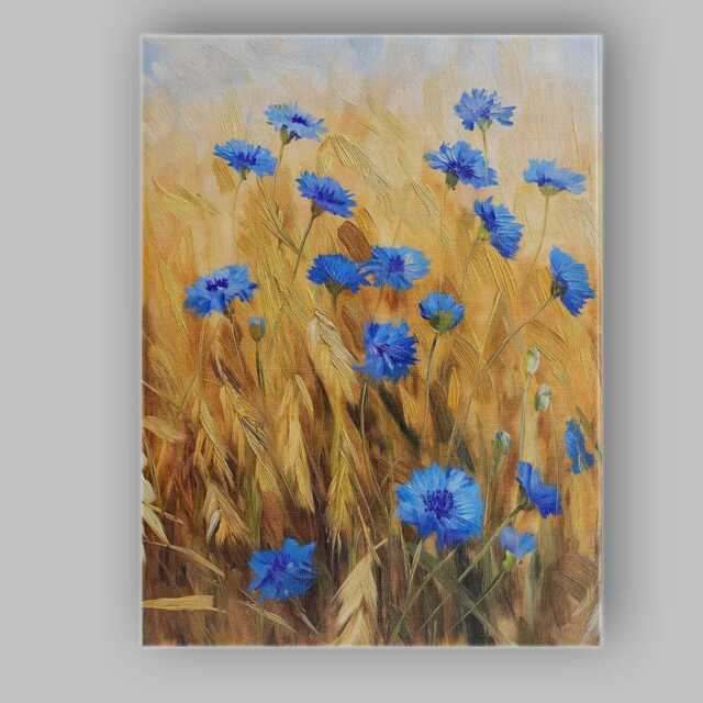 Blue Cornflower Golden Wheat Field Botanical Landscape Canvas Wall Art Print Decor Picture Ready To Hang - image 1