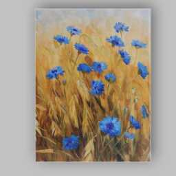 Blue Cornflower Golden Wheat Field Botanical Landscape Canvas Wall Art Print Decor Picture Ready To Hang - thumbnail 1