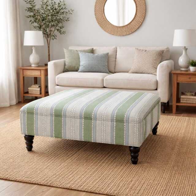 Footstool in Linwood Dimity Fabric Handmade Wavy Stripe Upholstered Ottoman With Wooden Legs - image 1