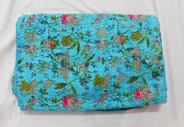Floral Kantha Quilt, Handmade Cotton Bedspread, Twin/Queen Size - image 1