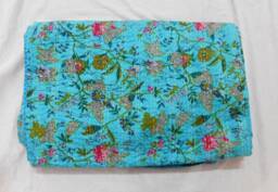 Floral Kantha Quilt, Handmade Cotton Bedspread, Twin/Queen Size - thumbnail 1