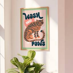 Tiger Wash Your Paws Bathroom Print, Fun Toilet Wall Art, Funny Poster, Funky Home Decor, Maximalist Trendy, Colourful Animal Art - thumbnail 1
